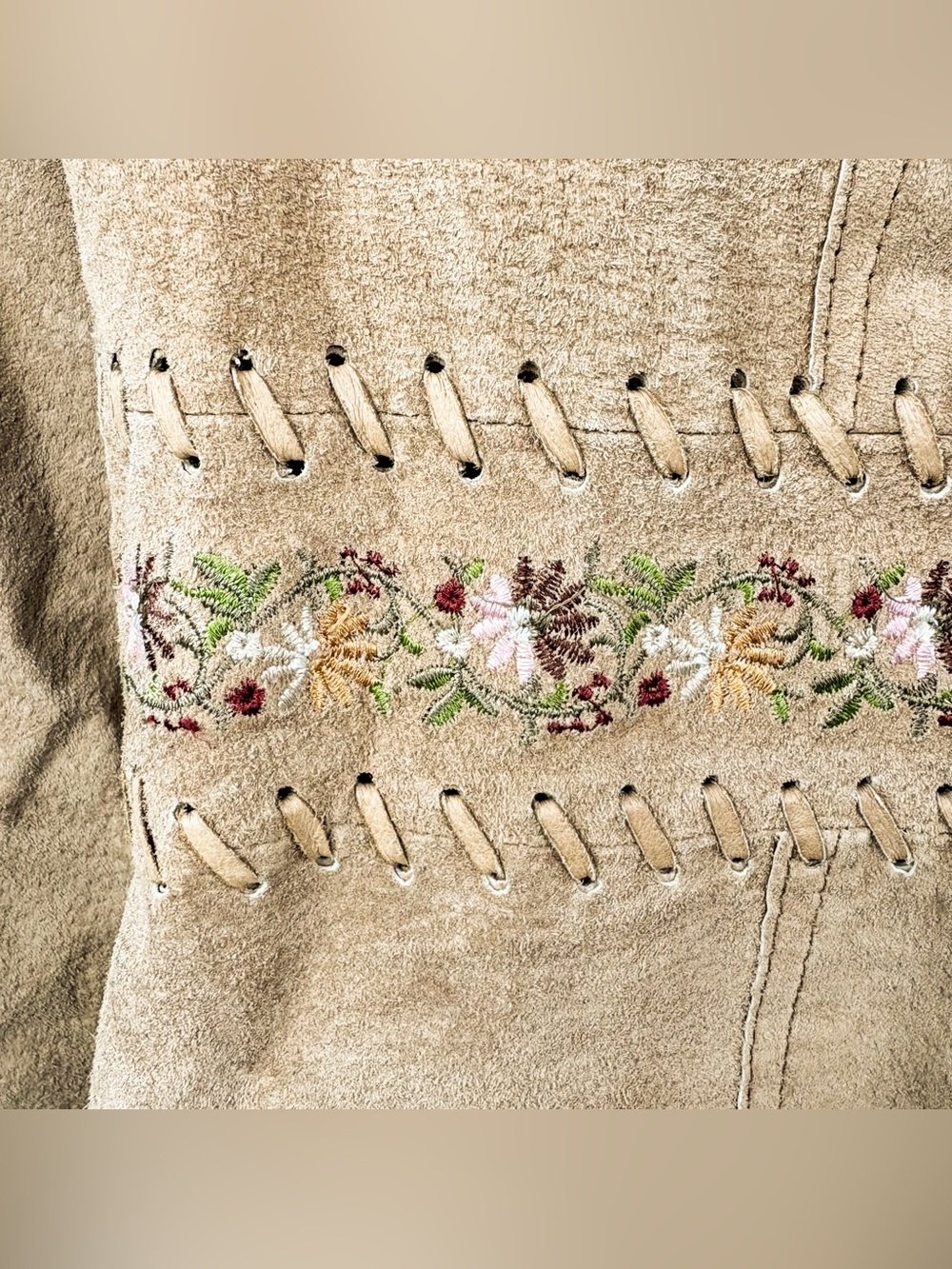 Vintage Western Whipstitch Floral Embroidered Suede Leather Jacket Coat Tan XL - Picture 3 of 9
